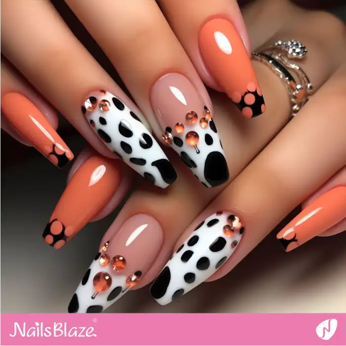 Embellished Orange Nails With Dalmatian Print | Animal Print Nails - NB2007